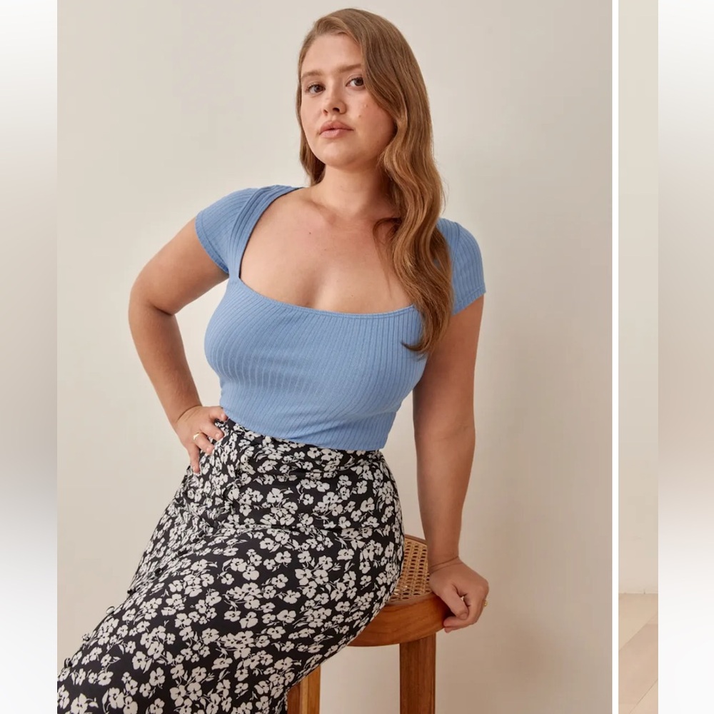 Reformation Bardot Ribbed Knit Top Parisian Blue - Size S NWT